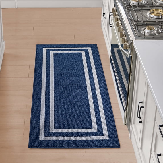 Washable Skid-Resistant Runner Rug, Border, Denim Twist and Light Grey, 26" x 60"