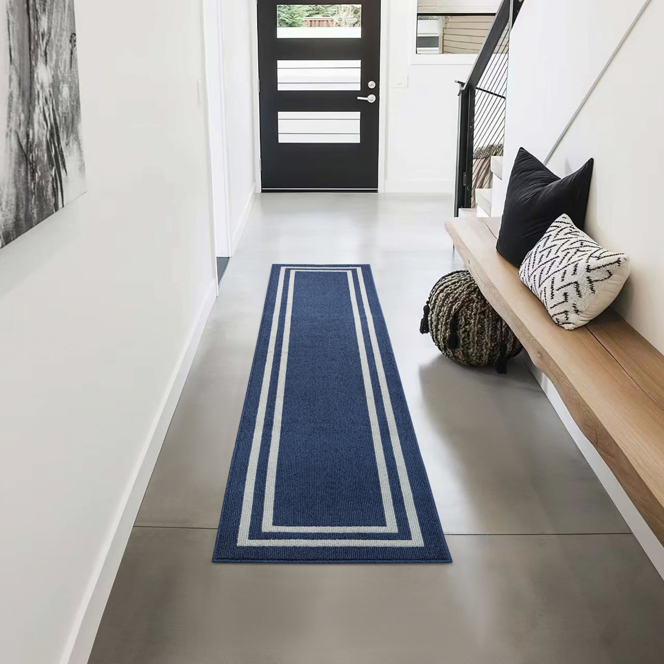 Washable Skid-Resistant Runner Rug, Border, Denim Twist and Light Grey, 26" x 96"