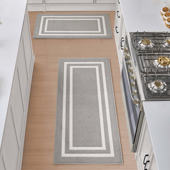 Washable Skid-Resistant Runner Rug, Border, Light Grey and White, 26" x 45" and 26" x 60" 2-Piece Set