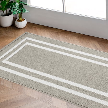 Washable Skid-Resistant Runner Rug, Border, Light Grey and White, 26" x 45"
