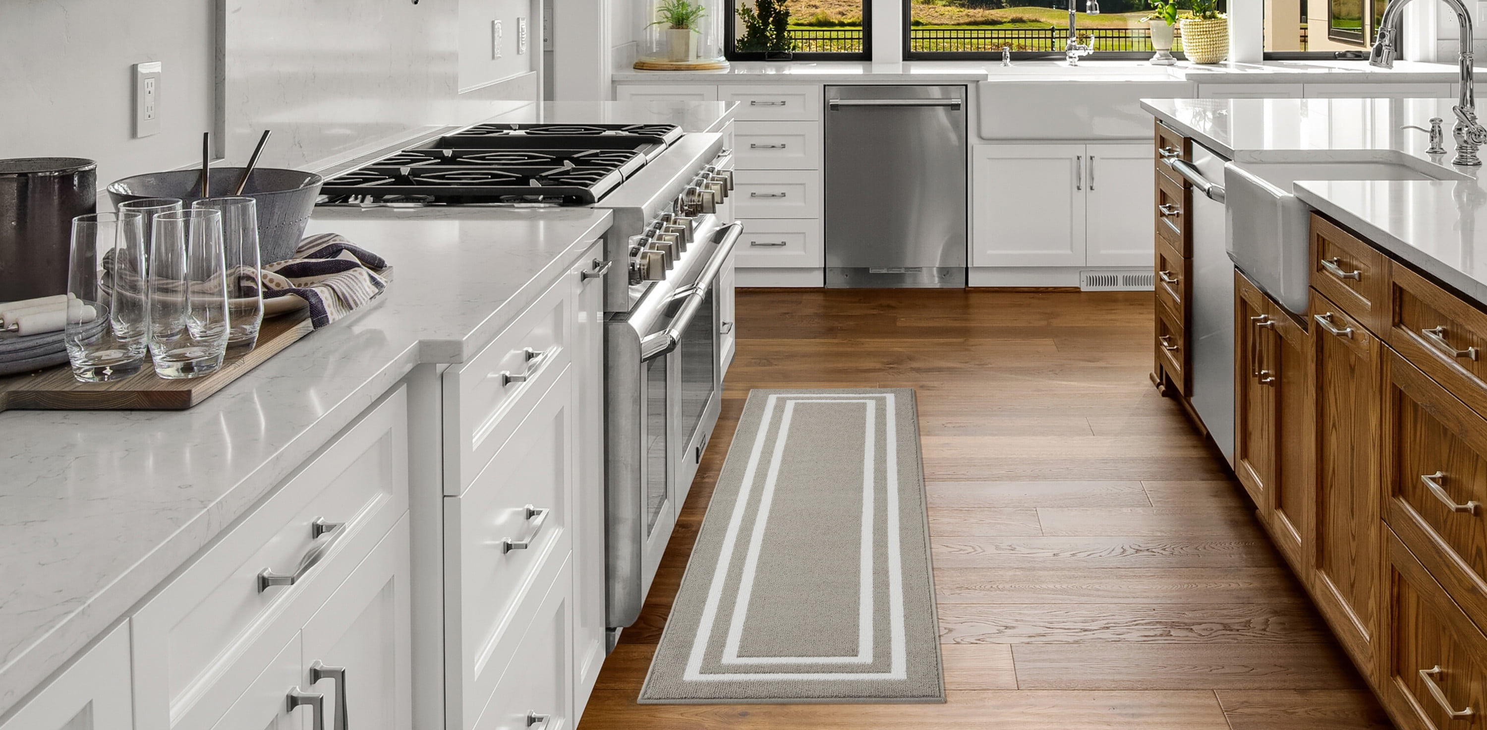 Washable Skid-Resistant Runner Rug, Border, Light Grey and White, 26" x 60"