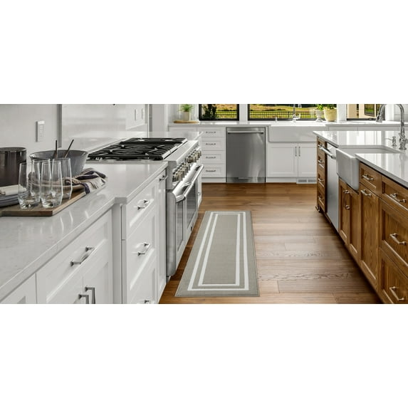 Washable Skid-Resistant Runner Rug, Border, Light Grey and White, 26" x 60"