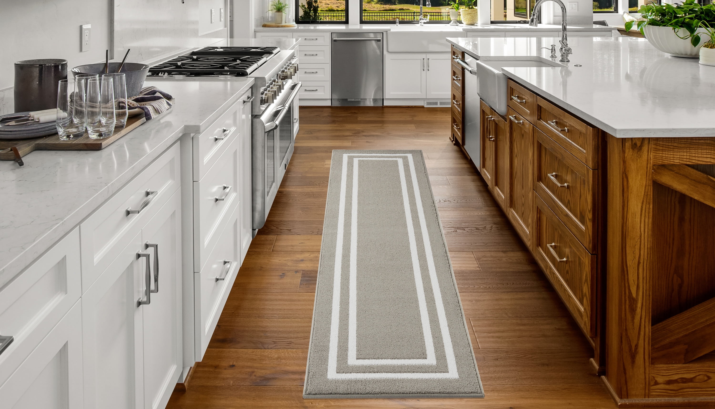 Washable Skid-Resistant Runner Rug, Border, Light Grey and White, 26" x 72"