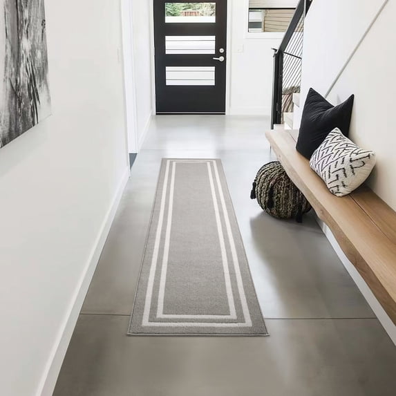 Washable Skid-Resistant Runner Rug, Border, Light Grey and White, 30 " x 120"