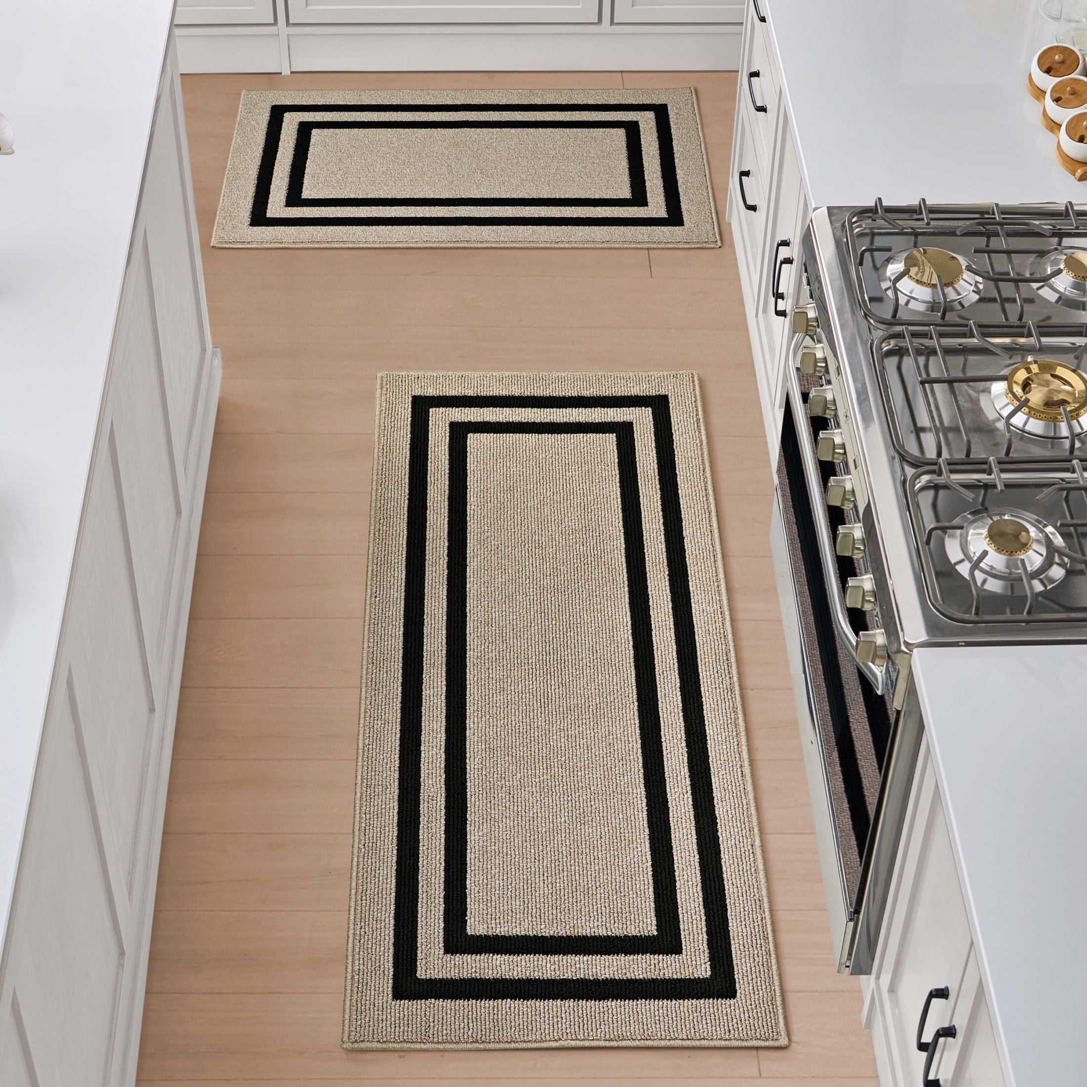 Washable Skid-Resistant Runner Rug, Border, Natural Twist and Black, 26" x 45" and 26" x 60" 2-Piece Set