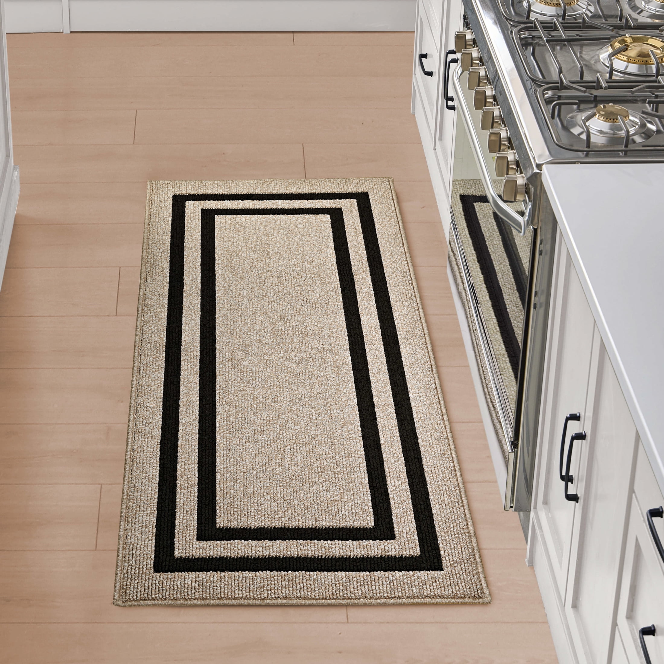 Washable Skid-Resistant Runner Rug, Border, Natural Twist and Black, 26" x 72"