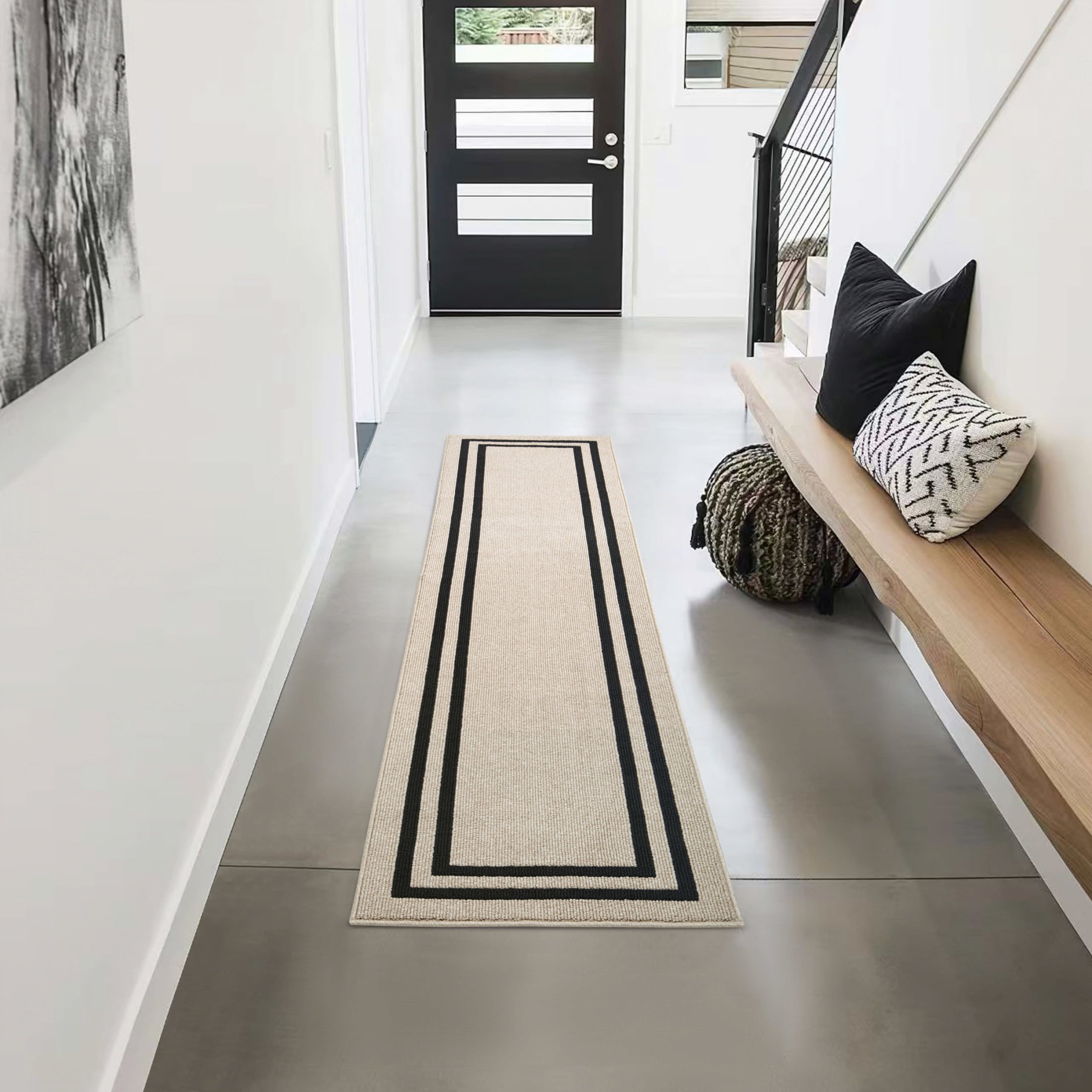 Washable Skid-Resistant Runner Rug, Border, Natural Twist and Black, 30 " x 120"