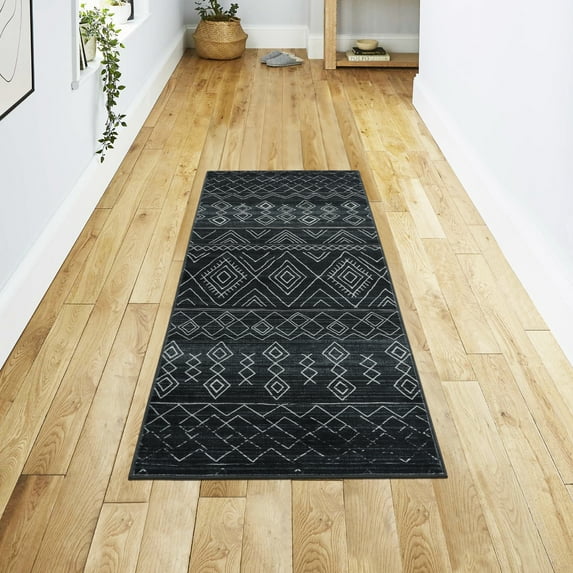 Washable Skid-Resistant Runner Rug Geometric Black 24" x 60"