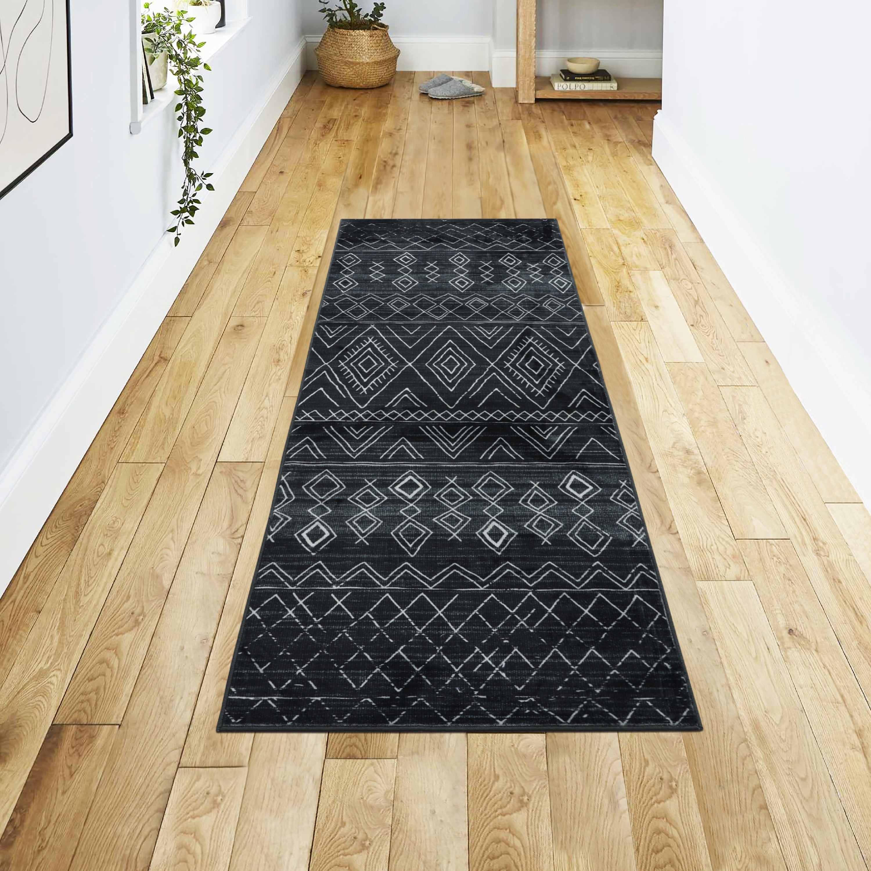 Washable Skid-Resistant Runner Rug Geometric Black 24" x 72"