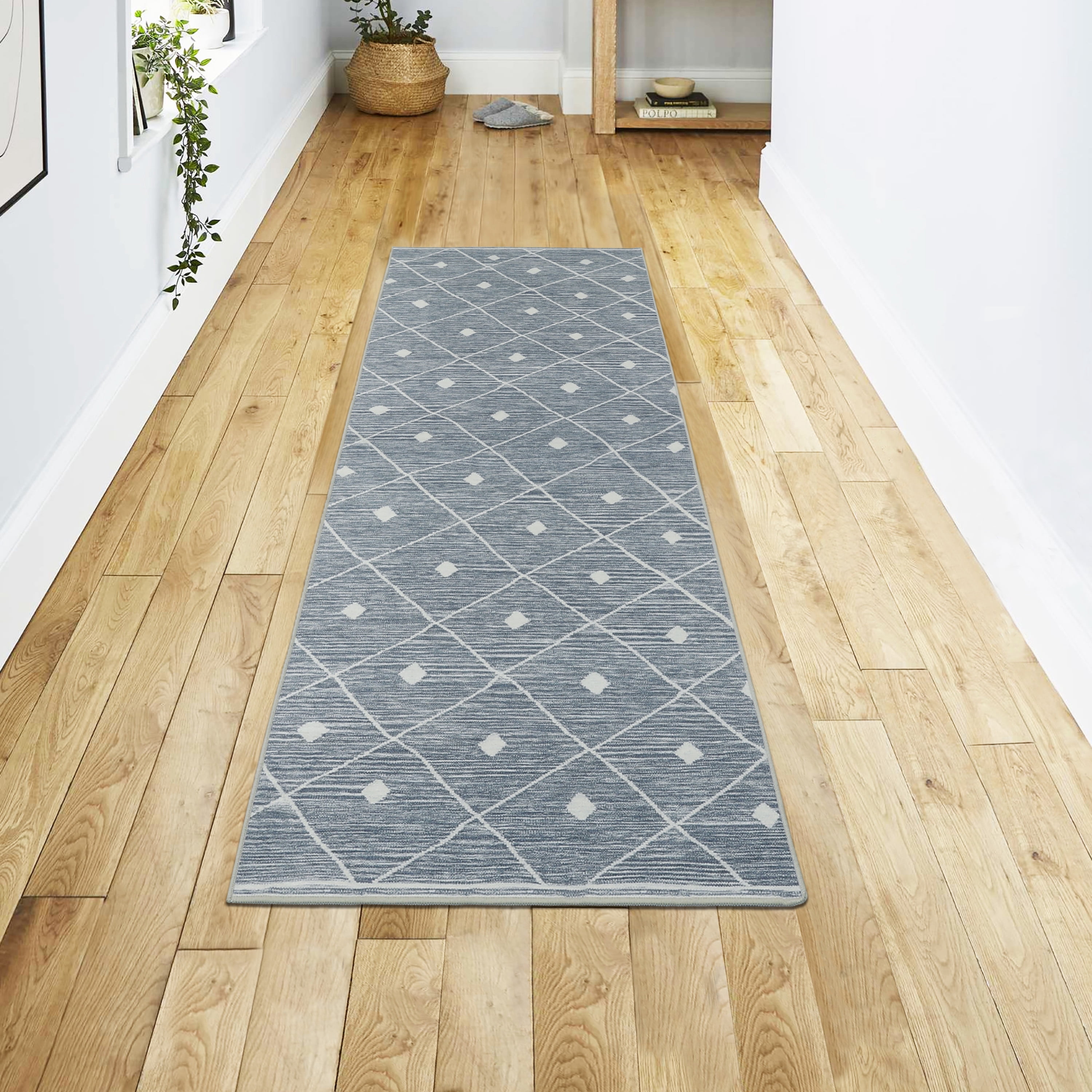 Washable Skid-Resistant Runner Rug Geometric Blue/Grey 24" x 72"