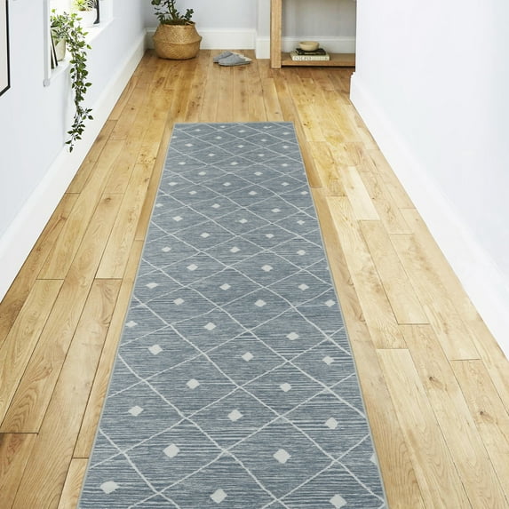 Washable Skid-Resistant Runner Rug Geometric Blue/Grey 24" x 96"