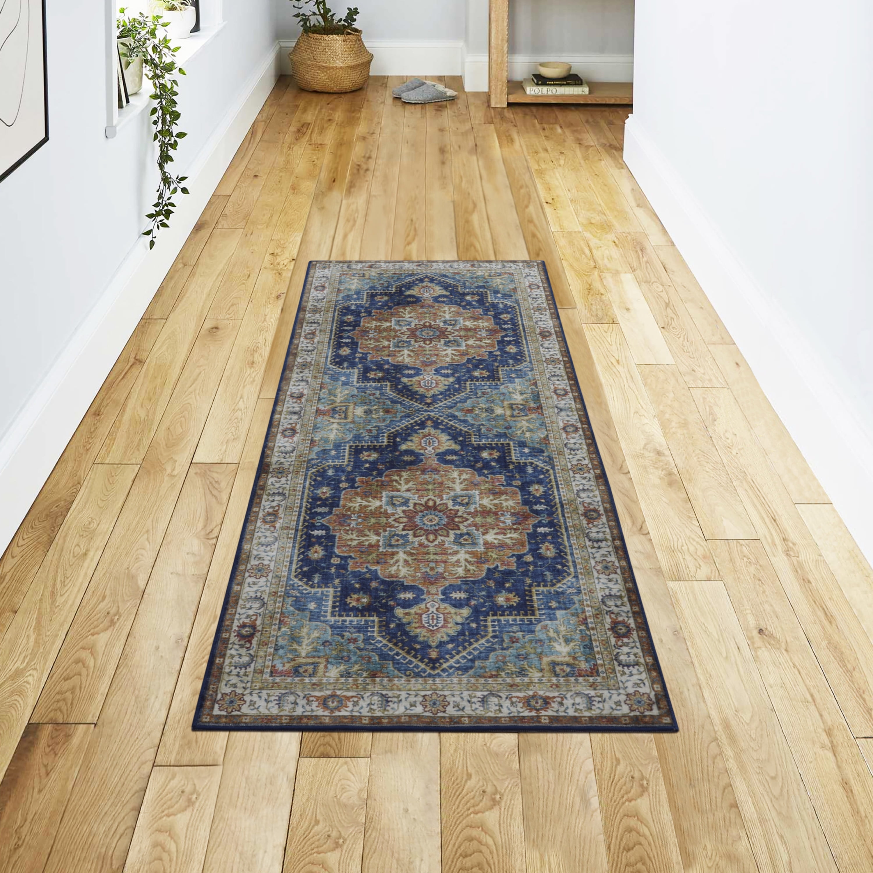 Washable Skid-Resistant Runner Rug Geometric Blue Multi 24" x 60"