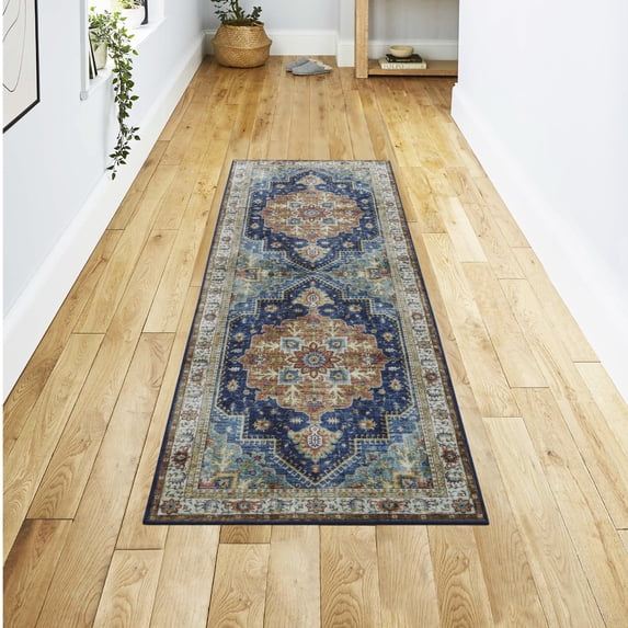 Washable Skid-Resistant Runner Rug Geometric Blue Multi 24" x 72"