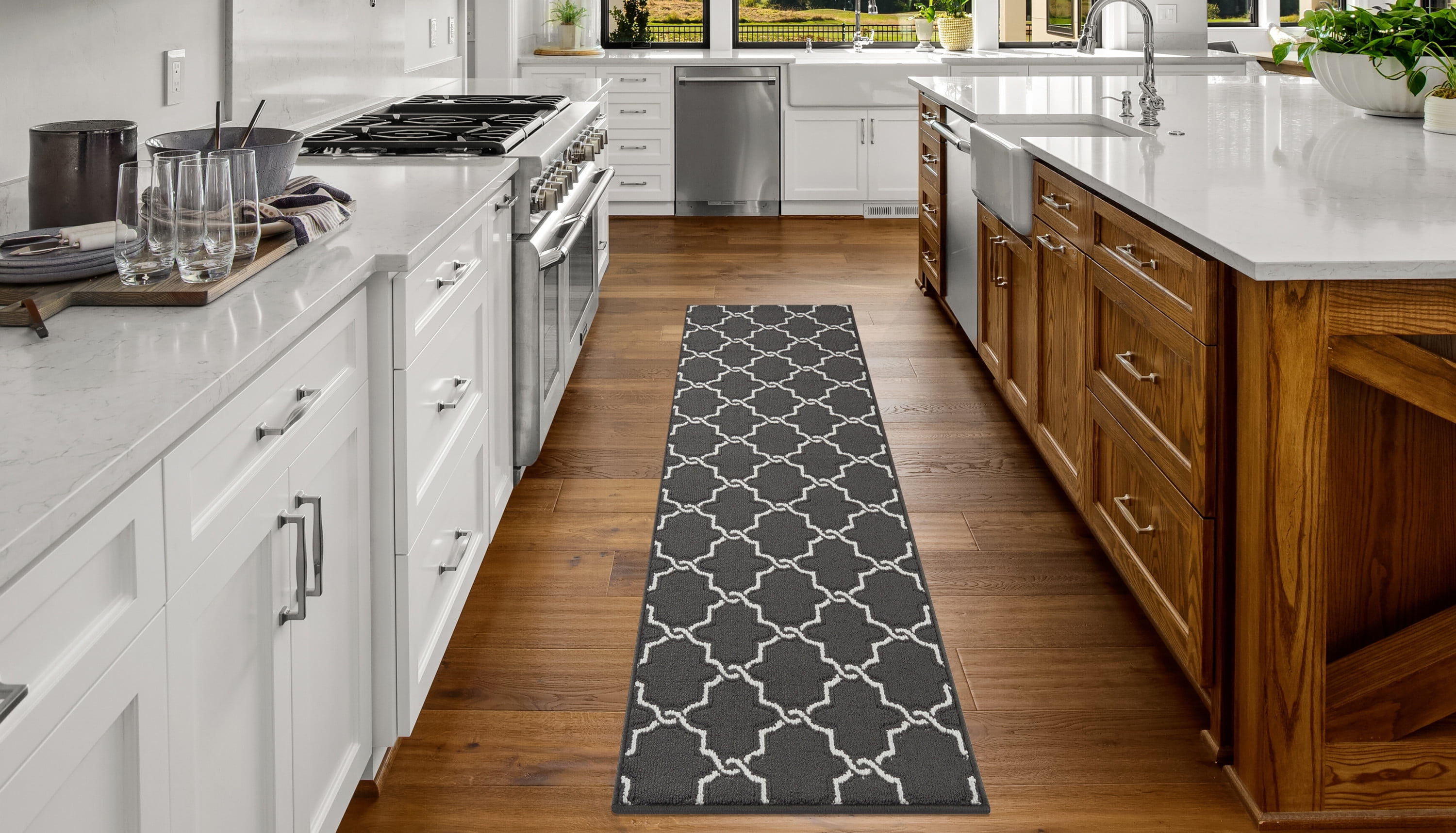 Washable Skid-Resistant Runner Rug, Geometric, Dark Grey and White, 26" x 72"