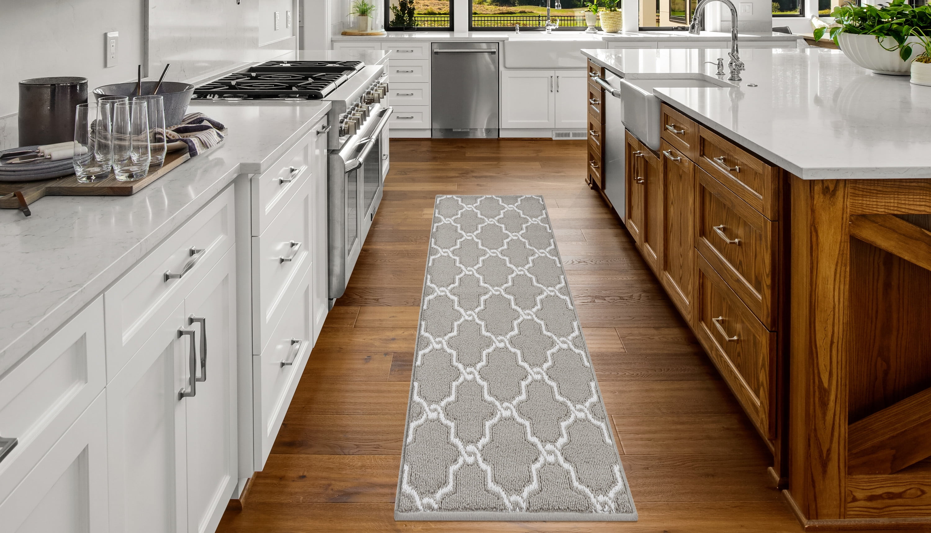 Washable Skid-Resistant Runner Rug, Geometric, Light Grey and White, 26" x 72"