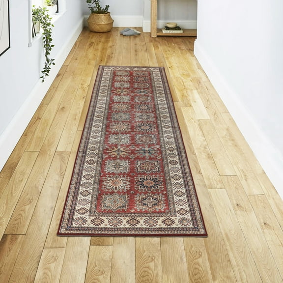 Washable Skid-Resistant Runner Rug Geometric Red 24" x 72"