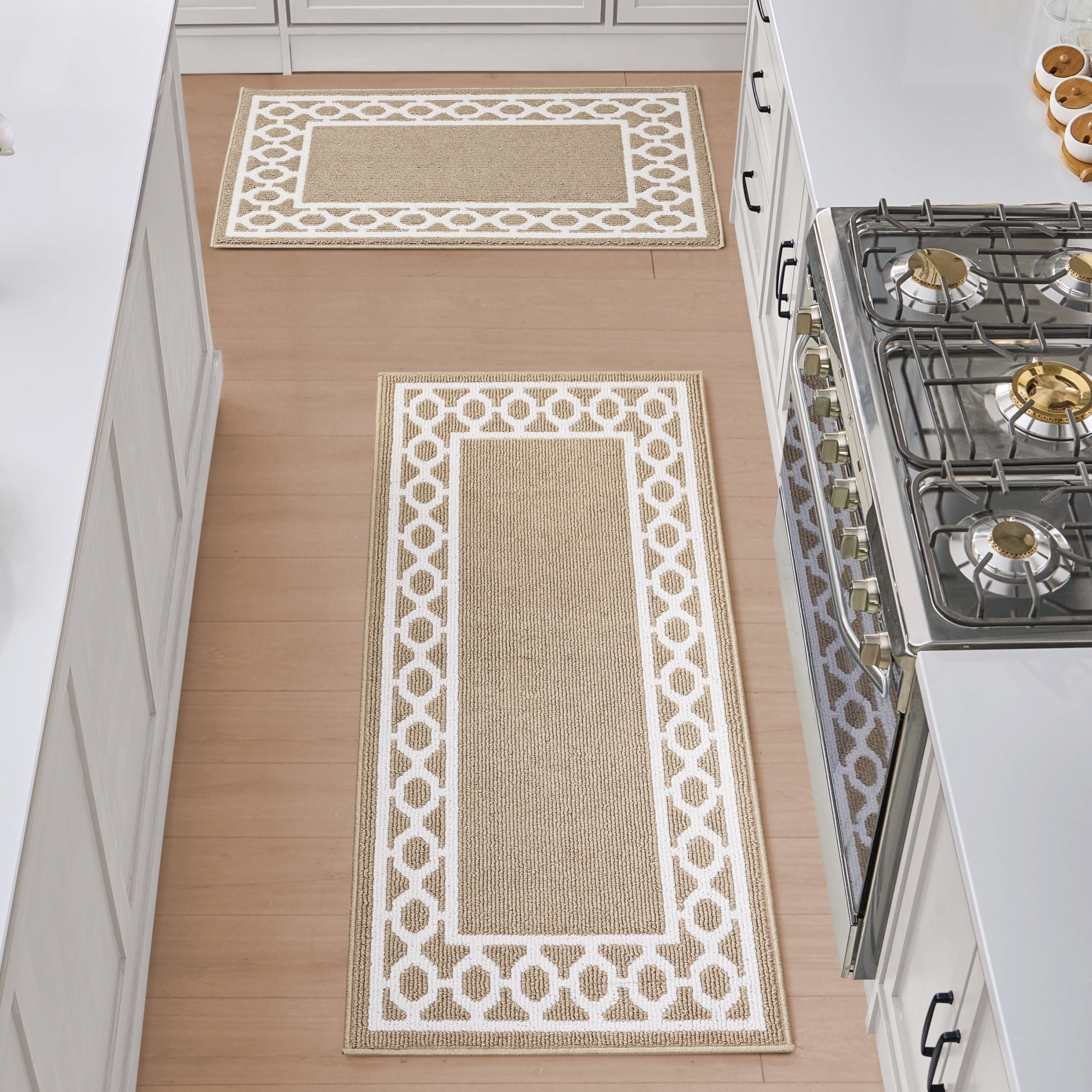 Washable Skid-Resistant Runner Rug, Trellis Border , Beige  and White , 26" x 45"/26" x 60"