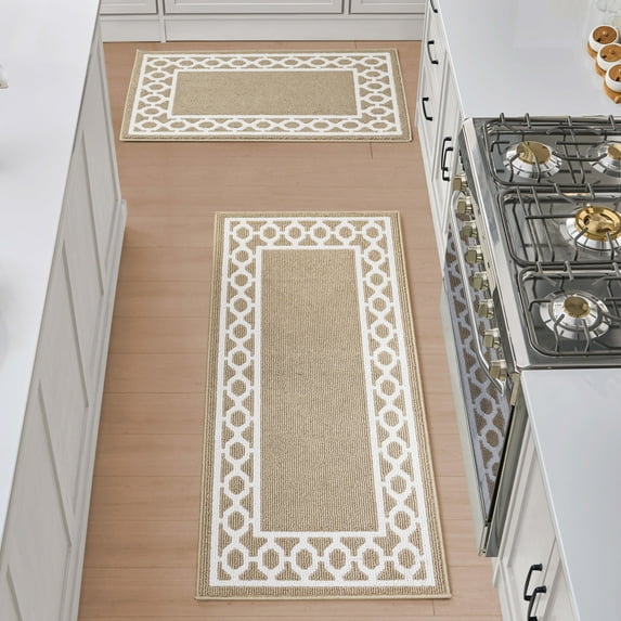 Washable Skid-Resistant Runner Rug, Trellis Border , Beige and White , 26" x 45"/26" x 60"