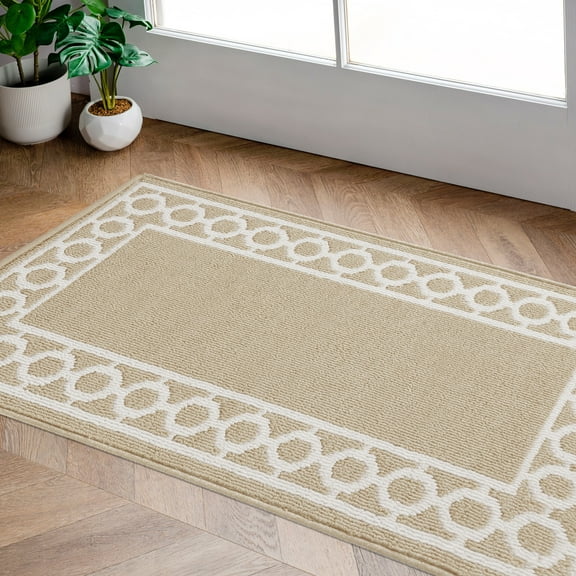 Washable Skid-Resistant Runner Rug, Trellis Border, Beige and White, 26" x 45"