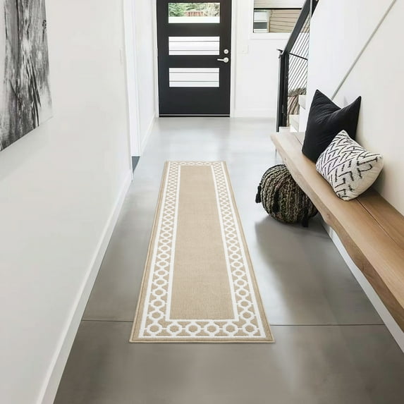 Washable Skid-Resistant Runner Rug, Trellis Border , Beige and White , 30" x 144"