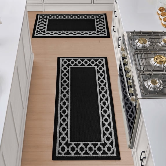 Washable Skid-Resistant Runner Rug, Trellis Border , Black and Twisted Grey , 26" x 45"/26" x 60"