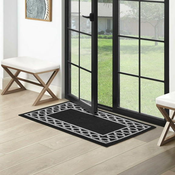 Washable Skid-Resistant Runner Rug, Trellis Border , Black and Twisted Grey , 26" x 45"