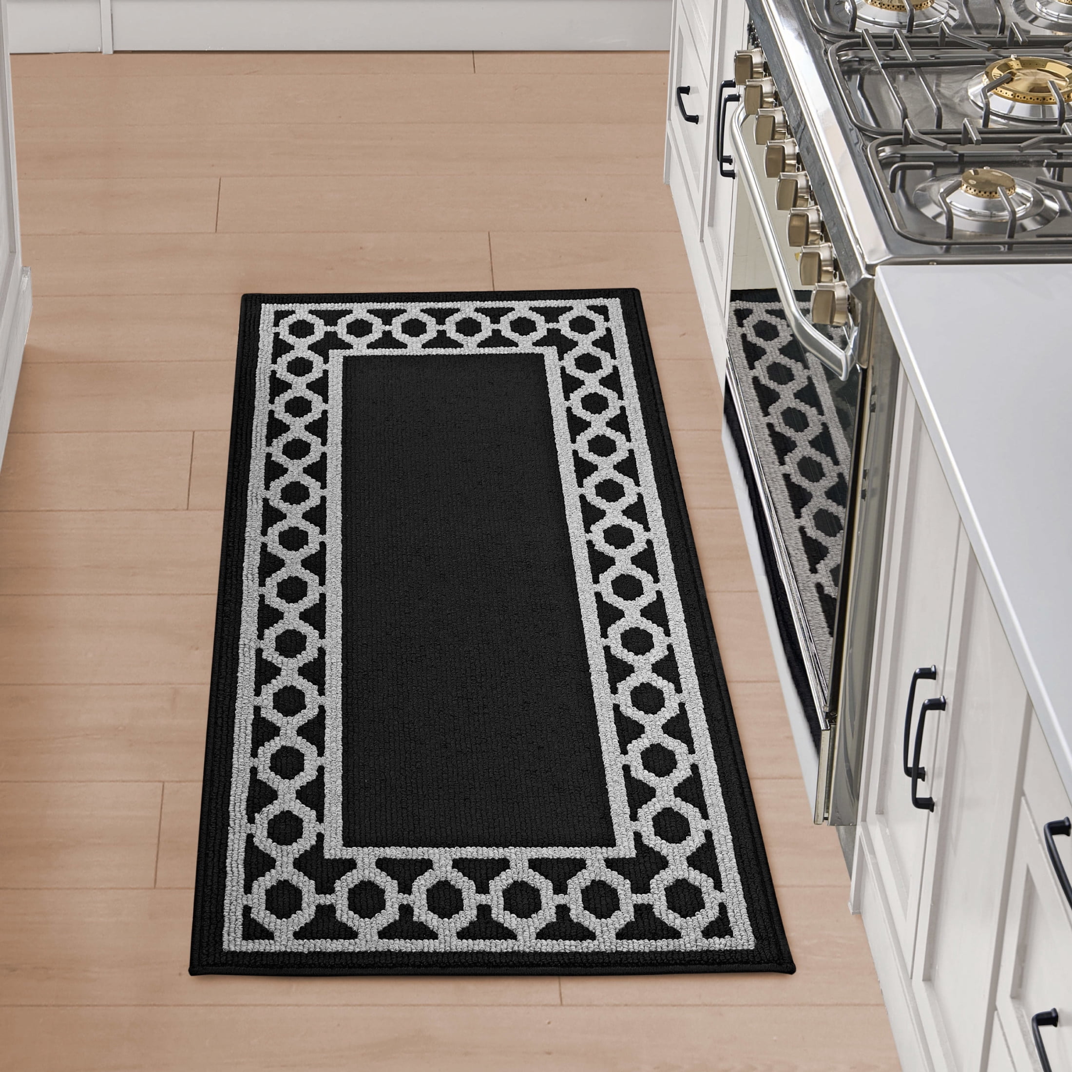 Washable Skid-Resistant Runner Rug, Trellis Border , Black and Twisted Grey , 26" x 72"