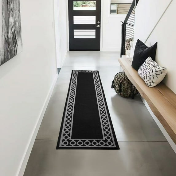 Washable Skid-Resistant Runner Rug, Trellis Border , Black and Twisted Grey , 26" x 96"