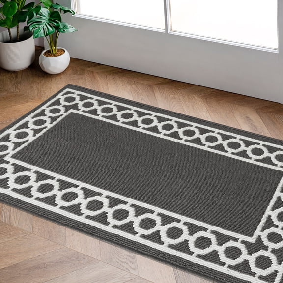 Washable Skid-Resistant Runner Rug, Trellis Border, Dark Grey and White, 26" x 45"