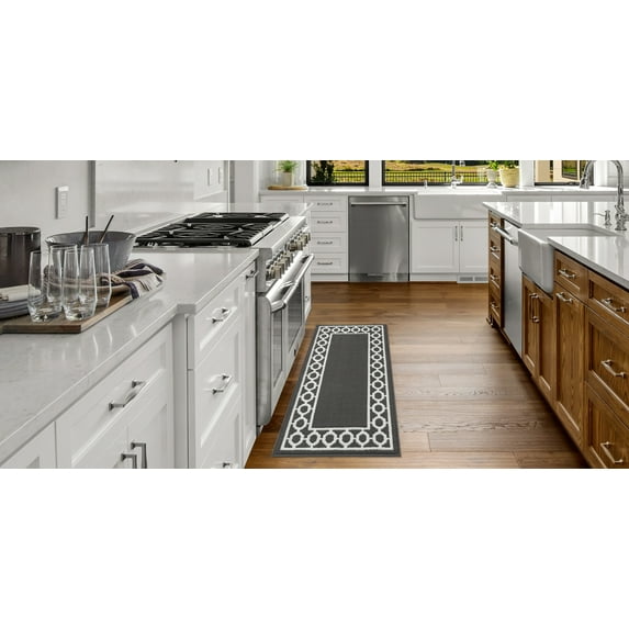 Washable Skid-Resistant Runner Rug, Trellis Border, Dark Grey and White, 26" x 60"