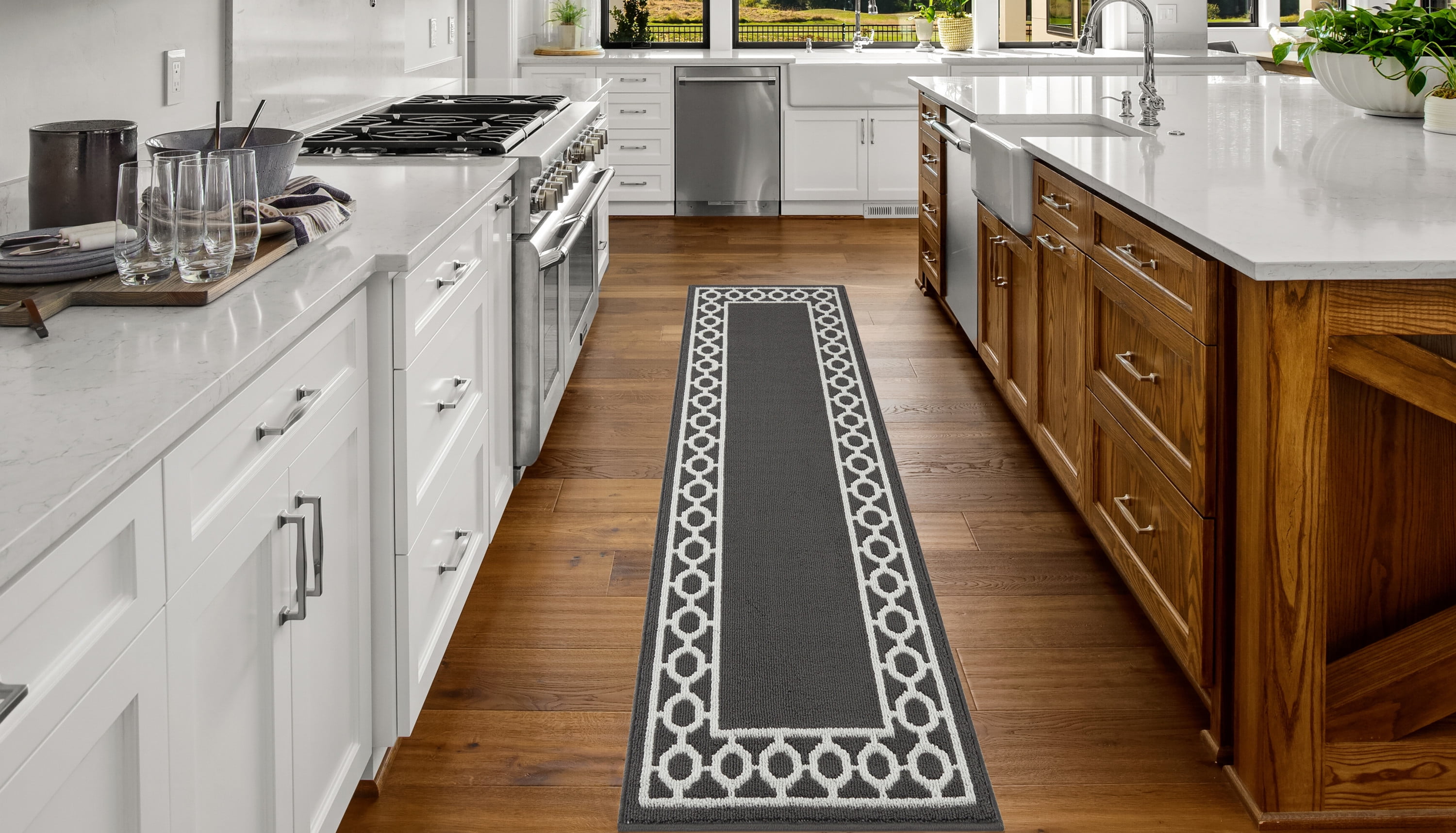 Washable Skid-Resistant Runner Rug, Trellis Border, Dark Grey and White, 26" x 96"