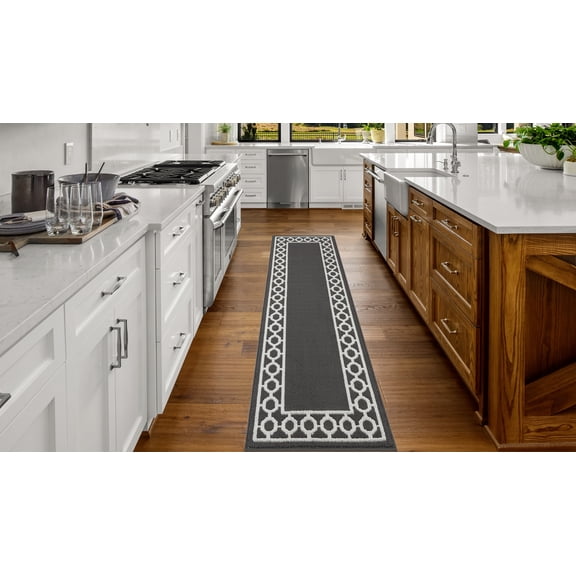 Washable Skid-Resistant Runner Rug, Trellis Border, Dark Grey and White, 26" x 96"