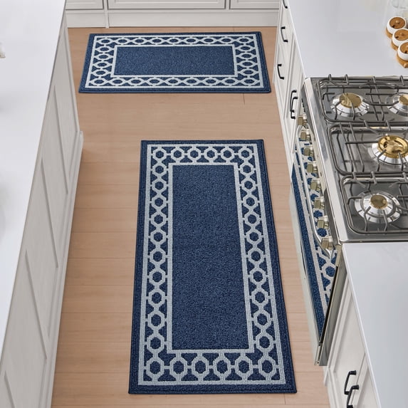 Washable Skid-Resistant Runner Rug, Trellis Border , Denim Twist and Light Grey , 26" x 45"/26" x 60"