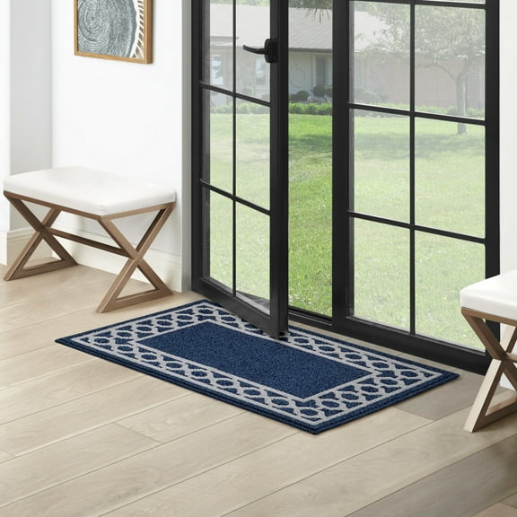 Washable Skid-Resistant Runner Rug, Trellis Border , Denim Twist and Light Grey , 26" x 45"