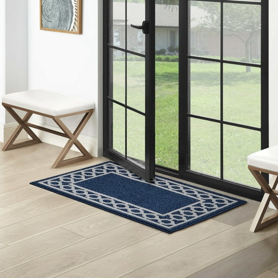 Washable Skid-Resistant Runner Rug, Trellis Border , Denim Twist and Light Grey , 26" x 45"