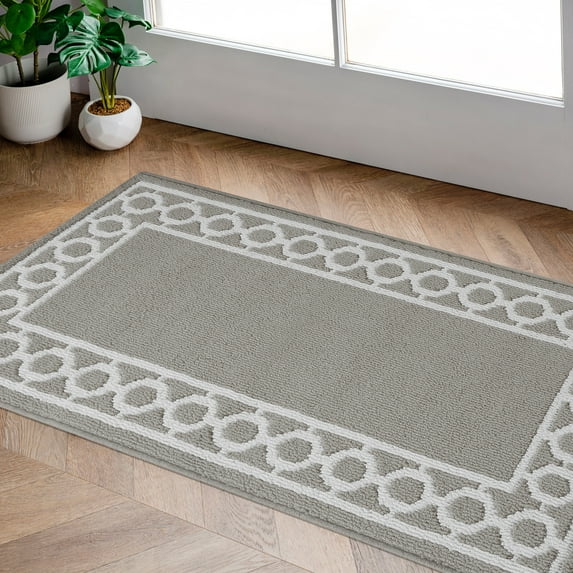 Washable Skid-Resistant Runner Rug, Trellis Border, Light Grey and White, 26" x 45"
