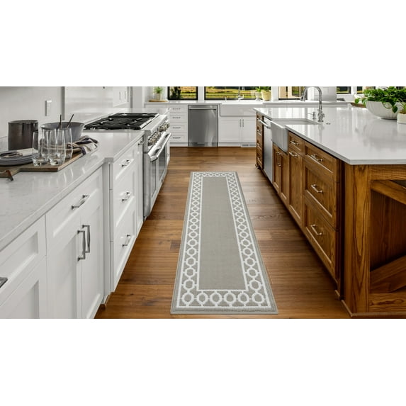 Washable Skid-Resistant Runner Rug, Trellis Border, Light Grey and White, 26" x 72"