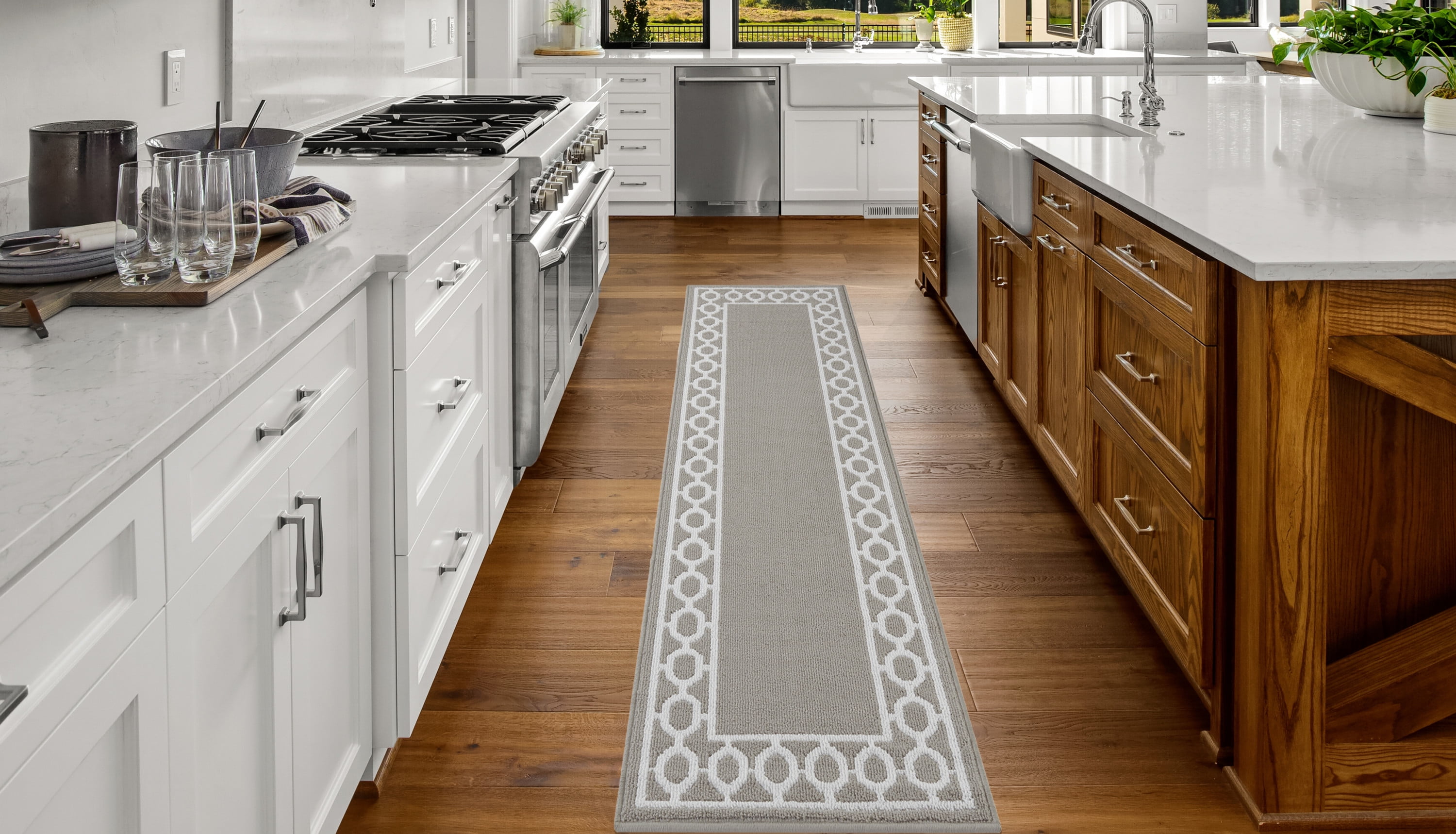 Washable Skid-Resistant Runner Rug, Trellis Border, Light Grey and White, 26" x 96"