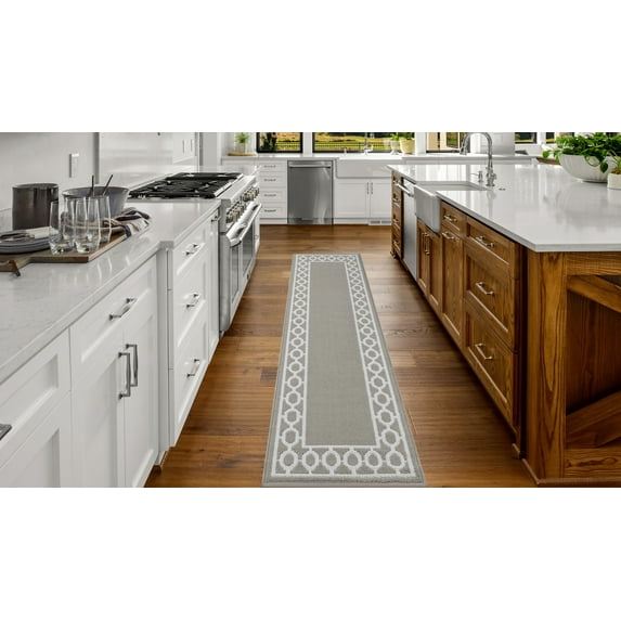 Washable Skid-Resistant Runner Rug, Trellis Border, Light Grey and White, 26" x 96"