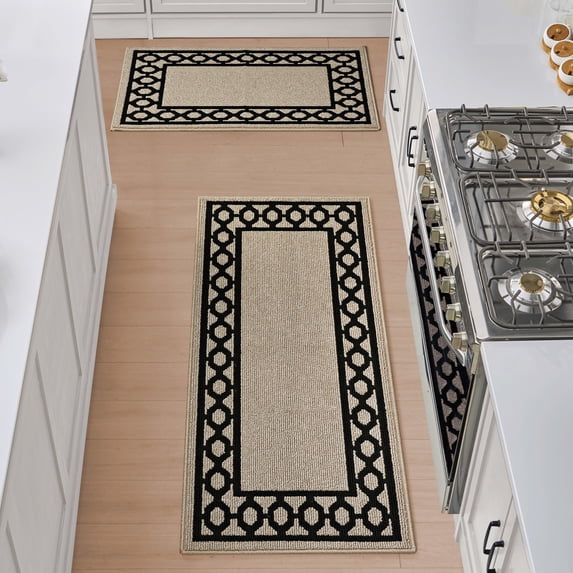 Washable Skid-Resistant Runner Rug, Trellis Border , Natural Twist and Black , 26" x 45"/26" x 60"