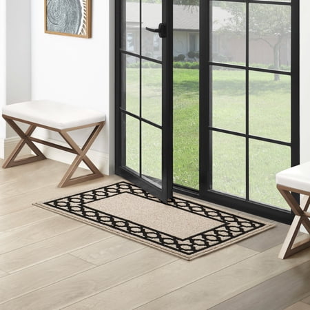 Washable Skid-Resistant Runner Rug, Trellis Border , Natural Twist and Black , 26" x 45"