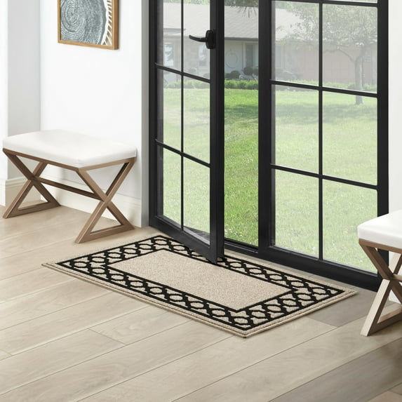 Washable Skid-Resistant Runner Rug, Trellis Border , Natural Twist and Black , 26" x 45"