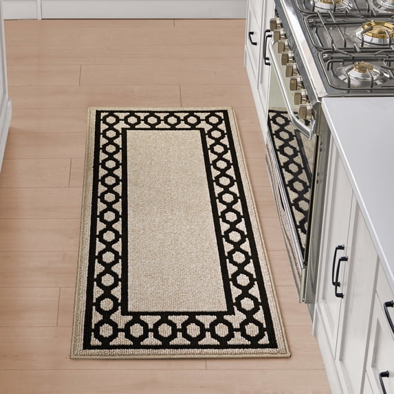 Washable Skid-Resistant Runner Rug, Trellis Border , Natural Twist and Black , 26" x 60"