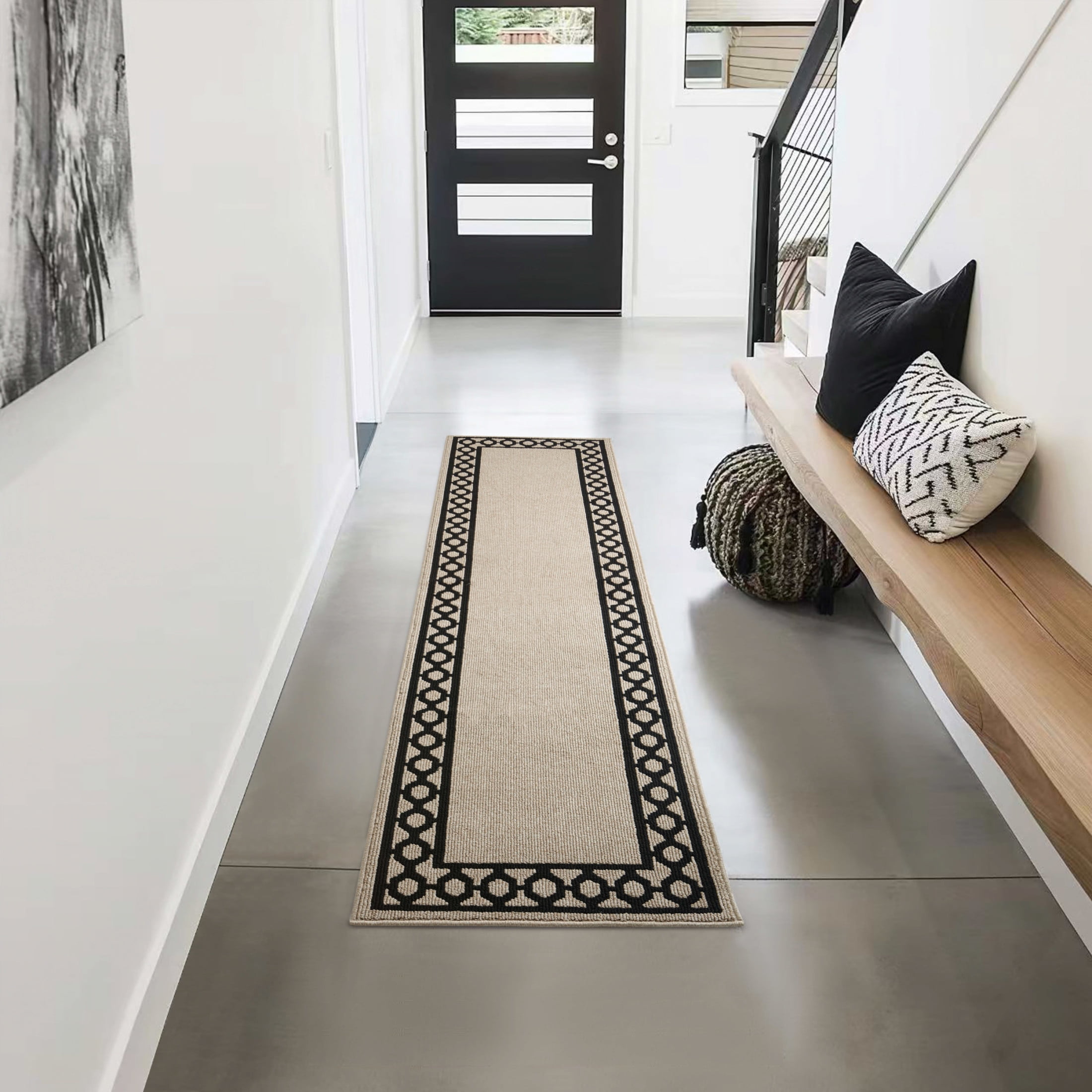 Washable Skid-Resistant Runner Rug, Trellis Border , Natural Twist and Black , 30" x 144"