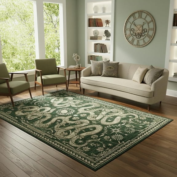 Washable Snake Design Area Rug, Low Pile Non-Slip Mark Resistant Carpet for Living Room Bedroom Hallway Office Multi-Color