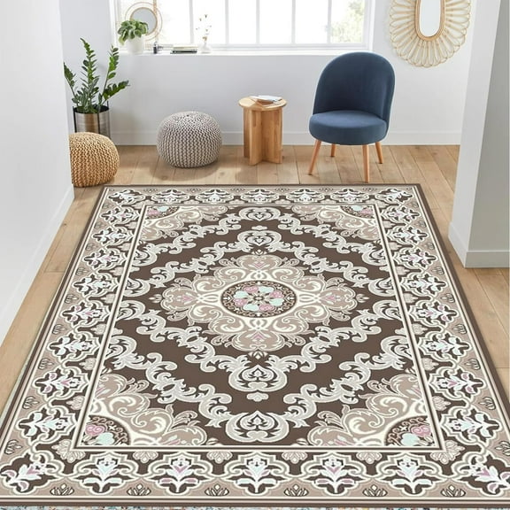 Washable Stain Resistant Area Rugs, Large Non-Slip Low Pile Indoor Outdoor Accent Rugs, Soft Foldable Non Shedding Carpets For Bedroom Dinning Room Office