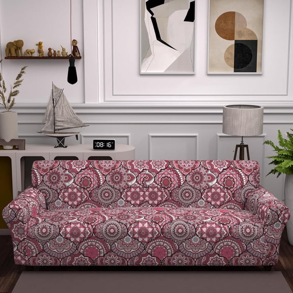 Washable Stretch Sofa Couch Covers for 4 Cushion Couch Sofa - Floral Pattern,Printed,Bohemian style,Pet Friendly Furniture Protector Couch Cover with Elastic Bottom, Universal Fit for Kids, Pets