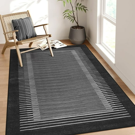 Washable Striped Area Rug, Non-Slip Black Berber Stripe Rugs for Living Room, Low Pile Minimalist Floor Carpet Rugs Large Modern Rug for Bedroom Dining Room Home Office