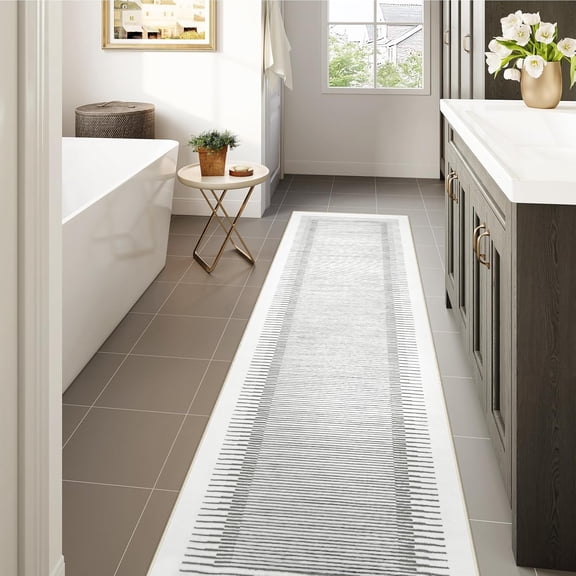 Washable Striped Runner Rug - Grey, 2'6" x 8", Non-Slip Berber Stripe for Bathroom and Bedroom