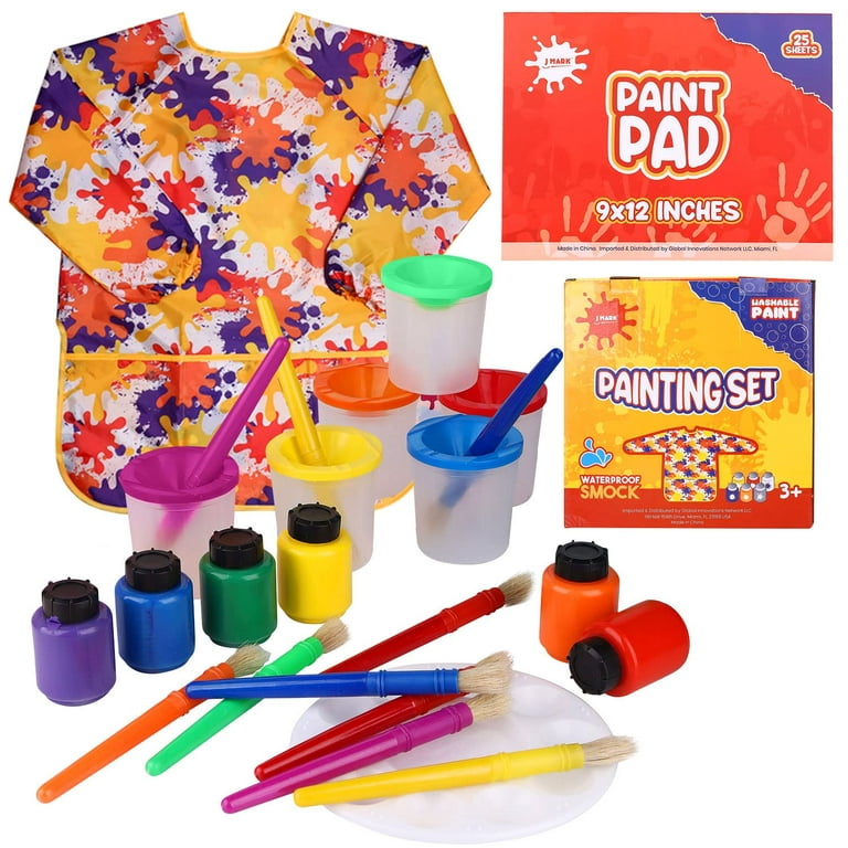 Washable Tempera Kids Paint Set U2013 32-Piece Painting Set with Spill Proof Paint Cups, Paint Brushes, Art Smock, Non Toxic Water Based Tempera P
